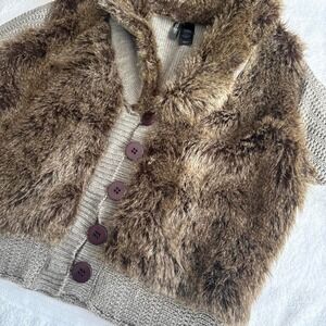 Brown faux fur vest with button-up front knit sweater